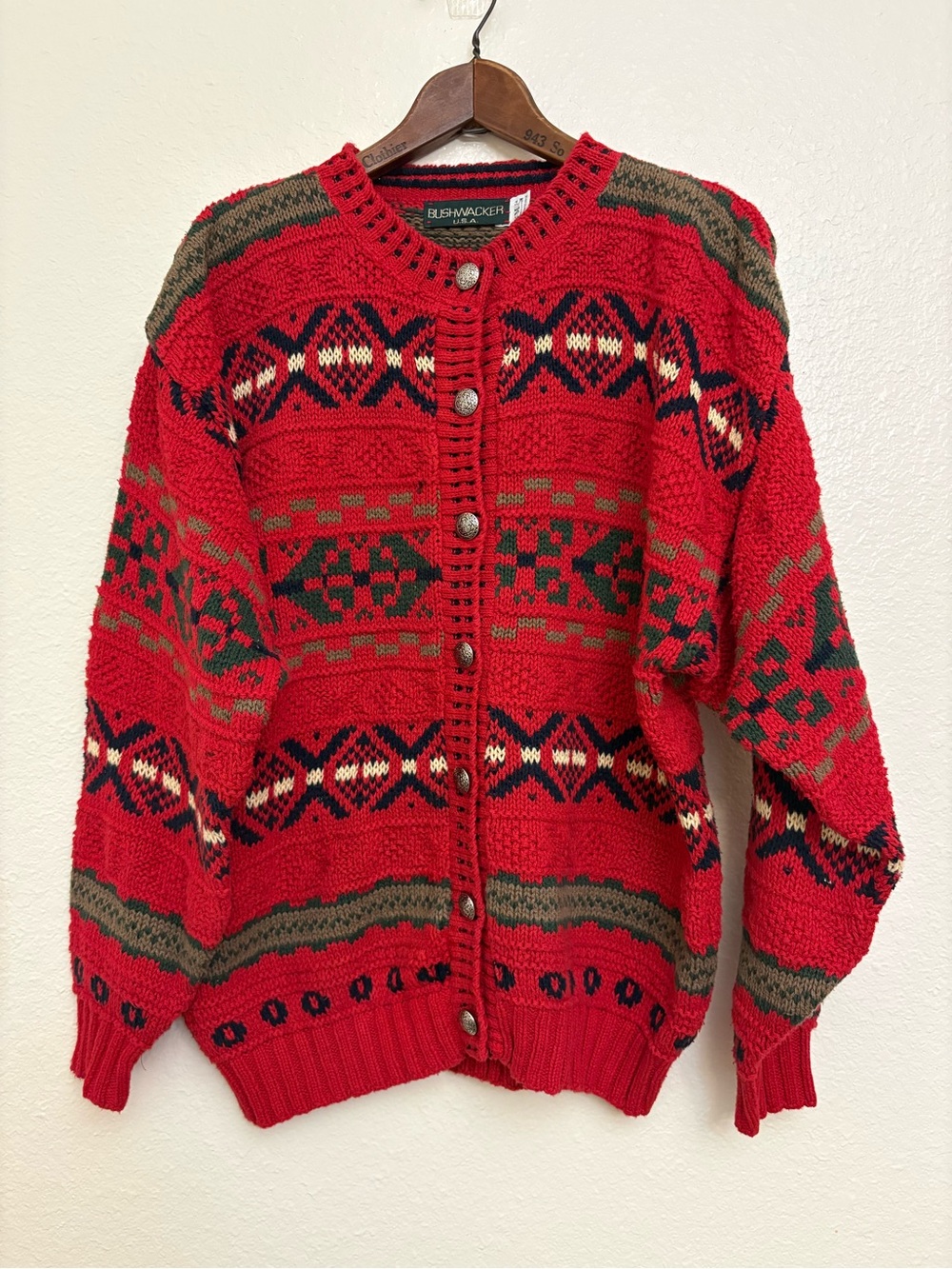 Bushwhacked USA Classic Red Fair Isle Button-Up Cardigan Sweater